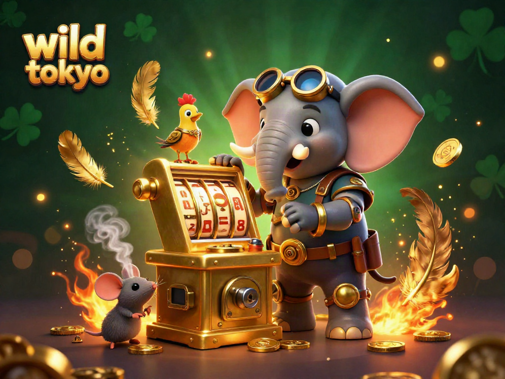 Spin the golden slot machine at Wild Tokyo with a whimsical steampunk character in action.