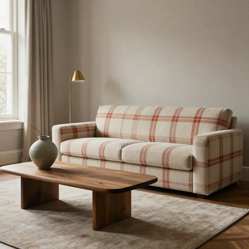 Salotto caldo con divano compatto, plaid, tavolino basso, lampada e vaso in ceramica.