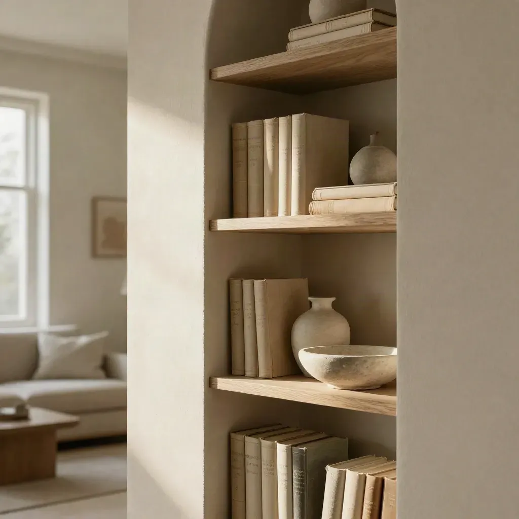 Libreria sottile verde salvia con vasi e volumi chiari in una nicchia luminosa