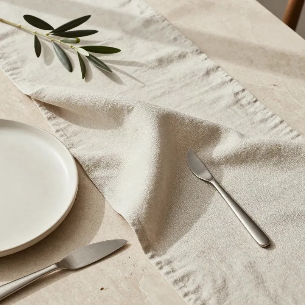 Flatlay dall’alto di runner salvia in lino con piatto ceramico, posate e rametto d’ulivo.