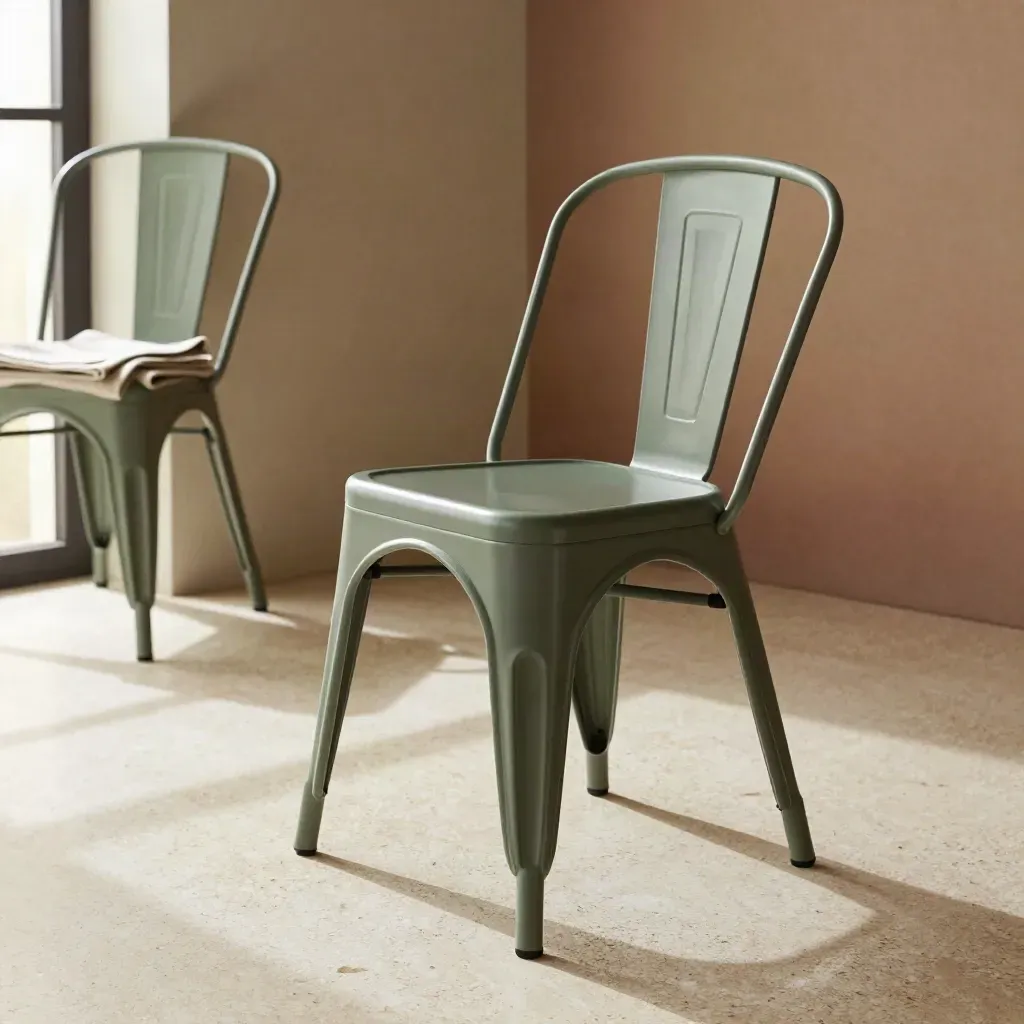 Sedia impilabile verde salvia che scivola in avanti su pavimento in travertino, luce morbida e ombre delicate.