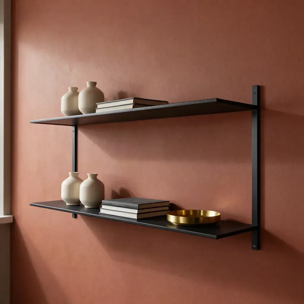 Mensole nere sottili con ceramiche e libri su parete in gesso terracotta