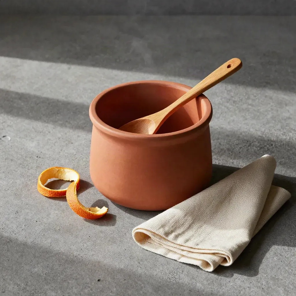Portaoggetti in ceramica terracotta con cucchiaio in legno e scorza d’arancia su cemento.