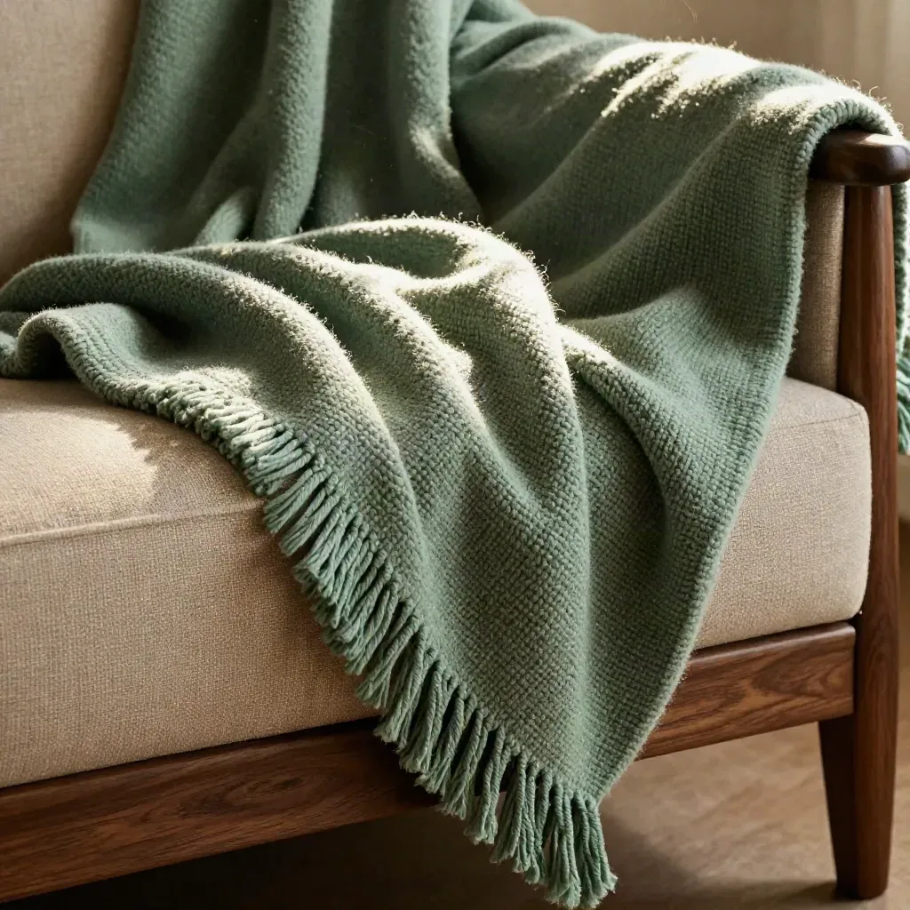 Primo piano di plaid verde salvia in maglia spessa e frange morbide sul bracciolo.