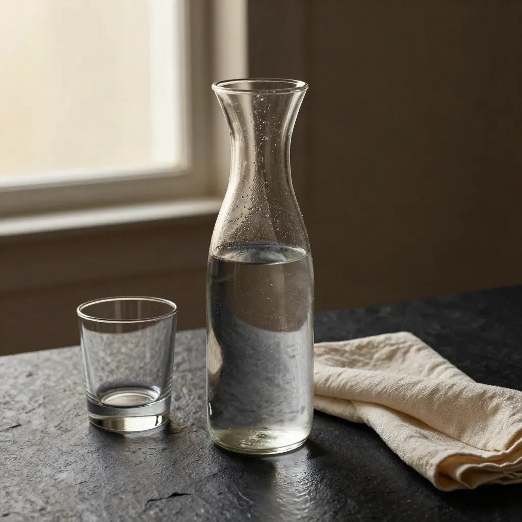 Caraffa in vetro con condensa su piano nero, luce drammatica e riflessi umidi.