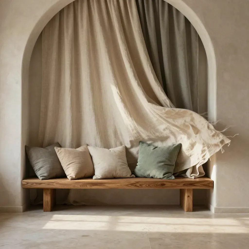 Interno luminoso con arco chiaro, lino mosso dal vento, panchetta bassa e cuscini piegati.
