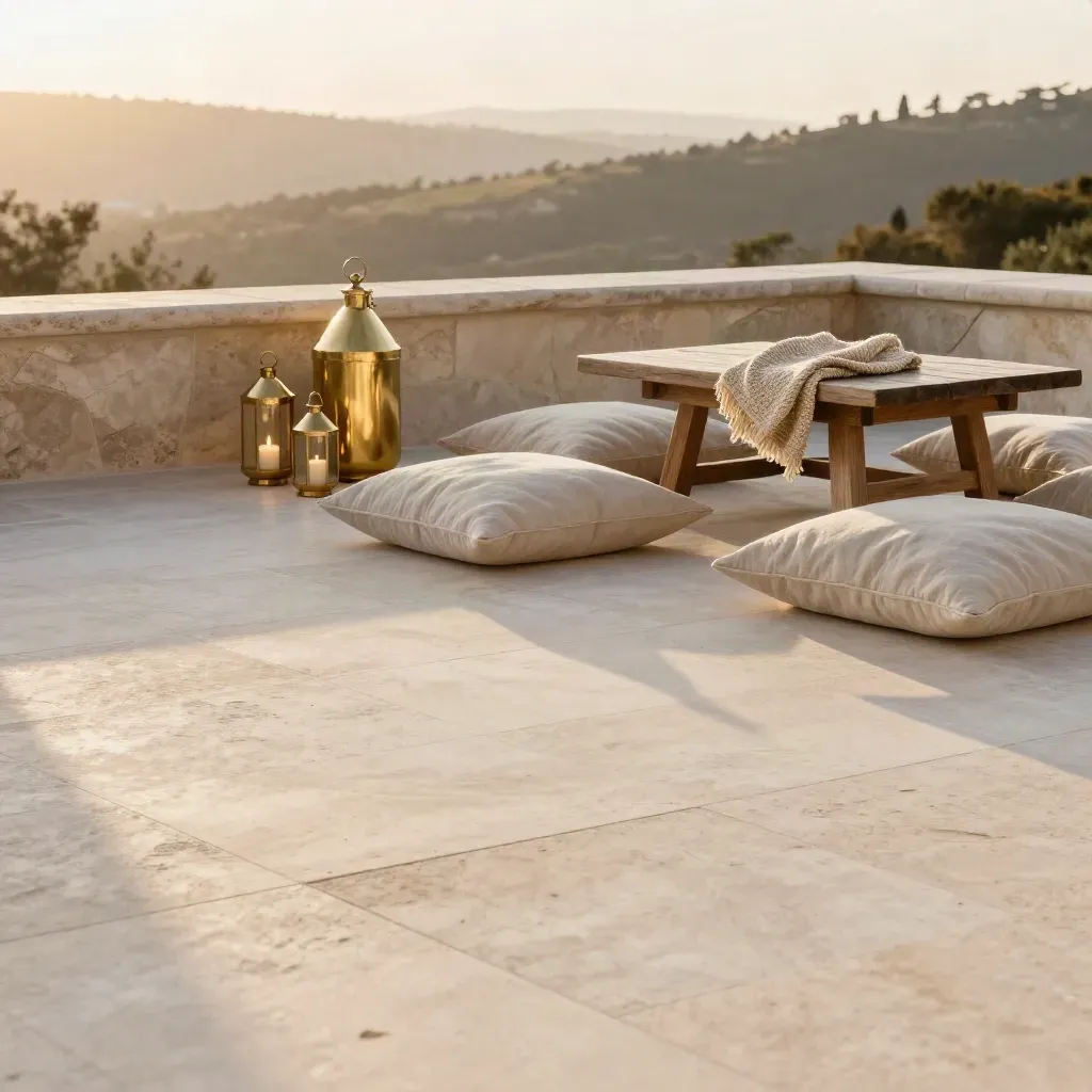 Terrazza elegante al tramonto con lanterne, cuscini bassi e tavolo in legno su pietra chiara.