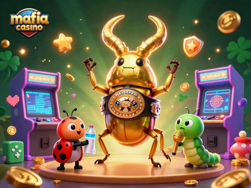 Mafia casino themed 3D illustration showing a giant stag beetle champion, ladybug corner-man, and caterpillar announcer amid arcade games.